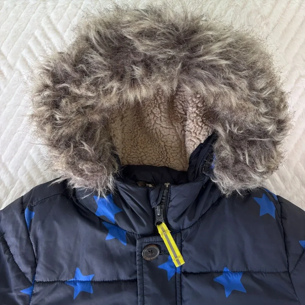 Mini Boden 4-5Y 110cm Navy Blue Star Puffer Parka Faux Fur Hood Winter Coat